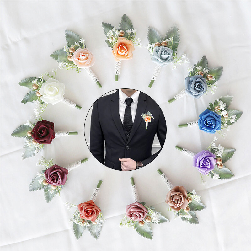 Alfileres de ramillete de boda con flores para hombre, accesorios de flores de imitación para boda, color blanco y rosa