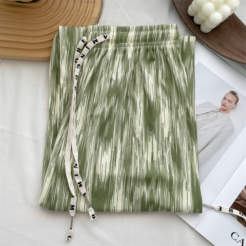 กางเกงพิมพ์ลายมัดย้อมสำหรับผู้หญิงกางเกงทรงหลวมลำลองเอวยางยืดกางเกงขาม้ายาวฤดูร้อน