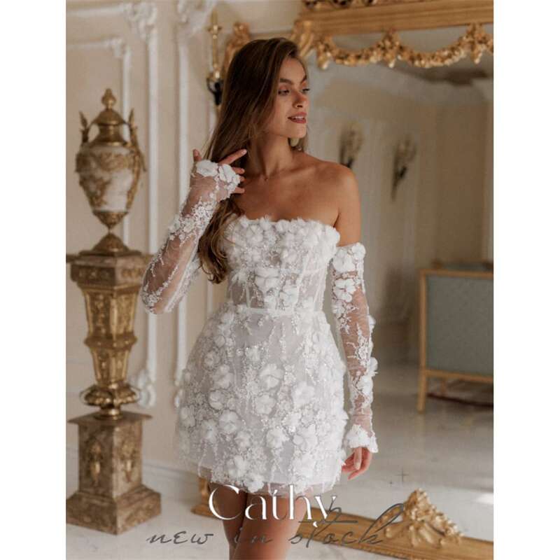 Cathy White Mini Prom Dresses Flower Lace Embroidery Evening Dress Elegant Off Shoulder Detachable Sleeves vestidos de fiesta