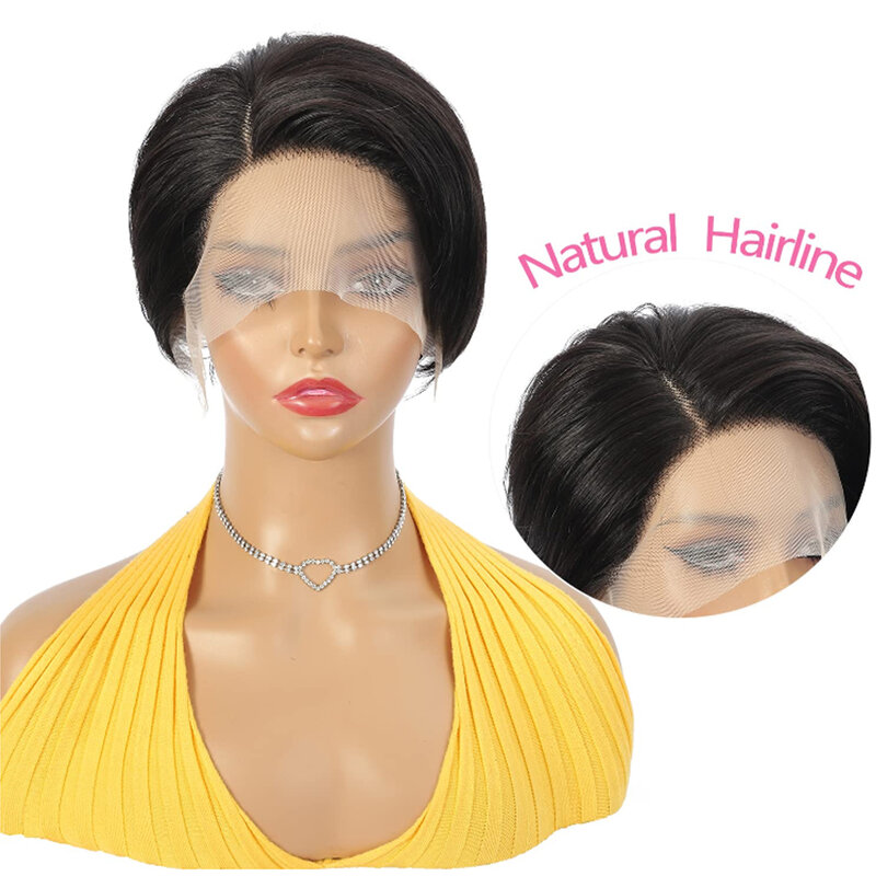 Peluca de cabello humano transparente con corte Pixie para mujer, pelo corto recto Bob, encaje de 13x2, estilo brasileño Perruque 100%
