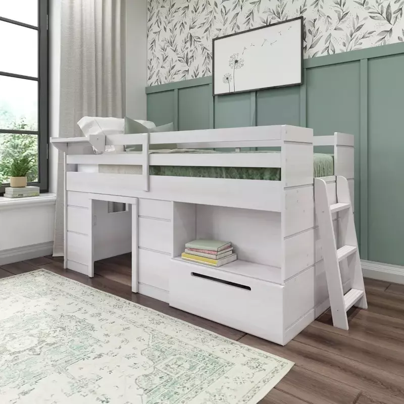 Marco de cama para niños, Loft bajo de madera maciza con cajón de almacenamiento y escalera, marco de cama para niños