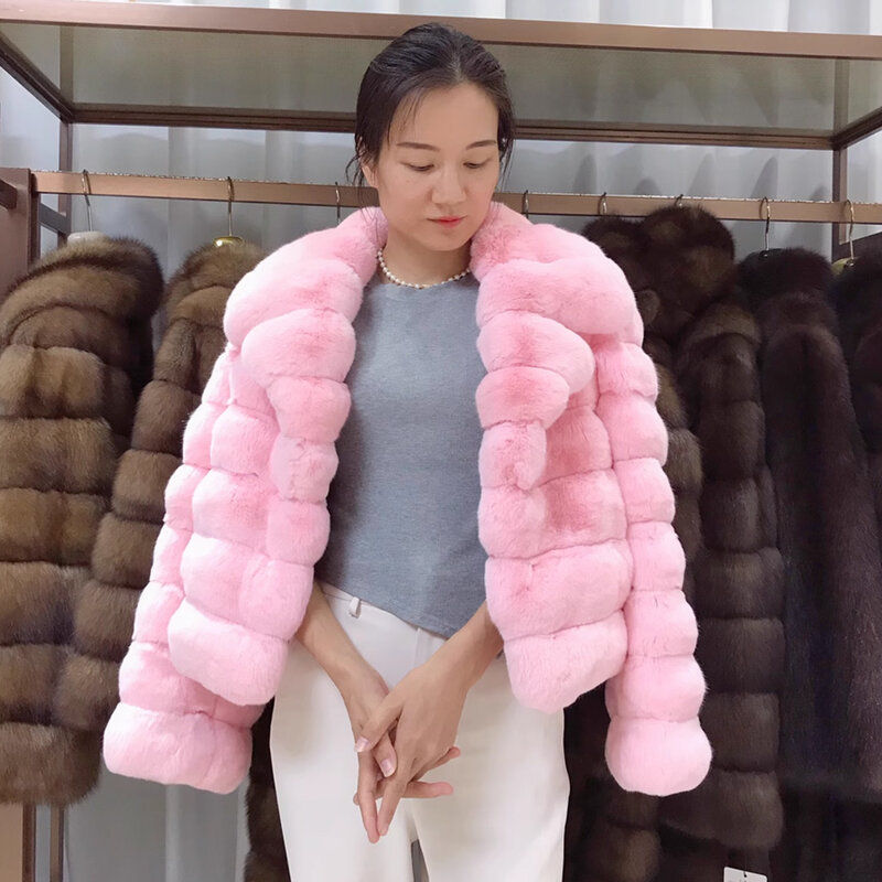 Abrigo corto de piel auténtica de conejo Rex para mujer, chaqueta de Chinchilla, abrigo de invierno, superventas