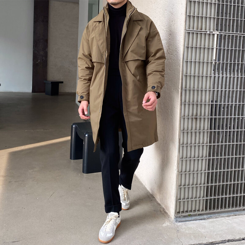 Jaqueta longa masculina, terno falso de duas peças, casaco quente de negócios, moda casual, estilo coreano, inverno