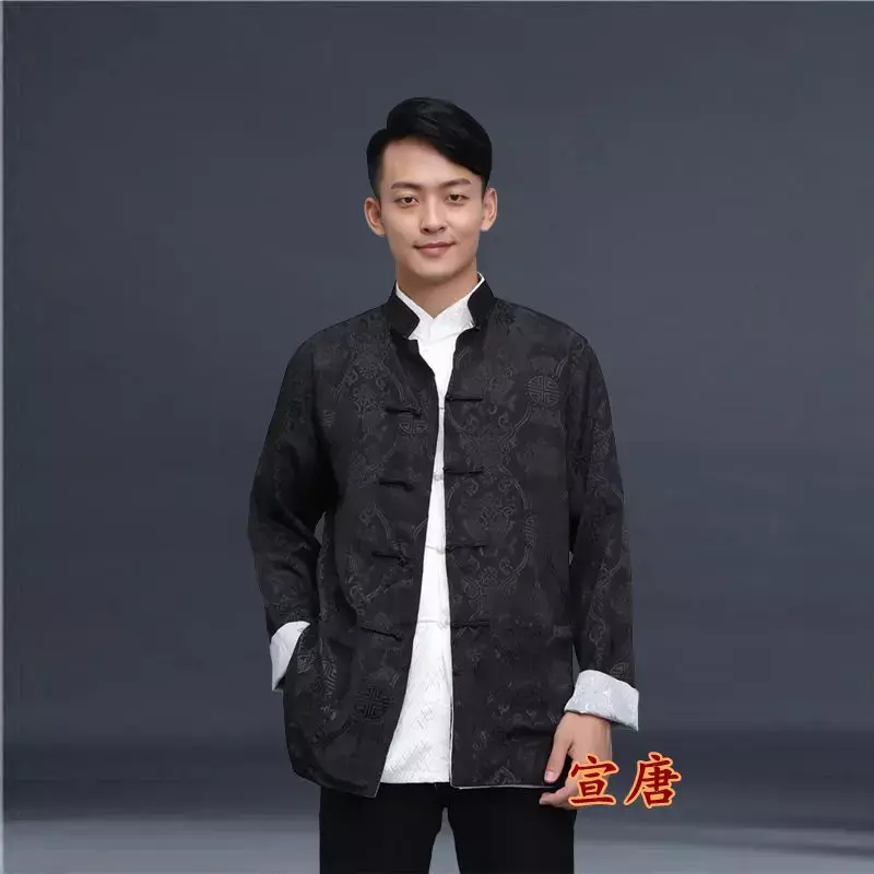 Terno Tang chinês tradicional masculino, jaqueta de manga comprida com estampa de cetim, casaco casual, roupa tradicional chinesa, 6 cores, primavera