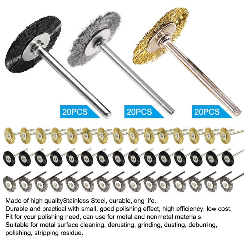 CMCP-Juego de cepillos de rueda de alambre de acero para pulido de metales, Cepillo rotativo de vástago de 3,0mm, herramienta rotativa Dremel de pulido, 20 Uds.