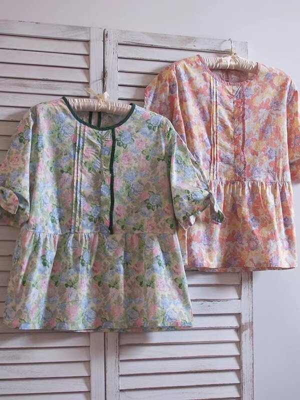 Stylish women's blouse trend 2024 bow short sleeve green floral ruffled french shirts vintage cotton 3/4 sleeve women's t-shirt