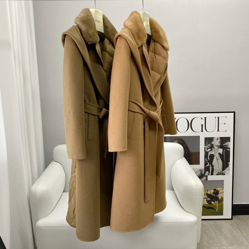 PUDI 여성용 양모 혼방 겨울 따뜻한 롱 재킷, 덕 다운 안감 디자인 코트, 밍크 퍼 칼라 CT2156, 신제품