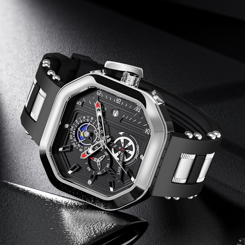 LIGE-Relógio de pulso esportivo masculino, quartzo, silicone, impermeável, relógio de luxo, relógios grandes, caixa incluída, original