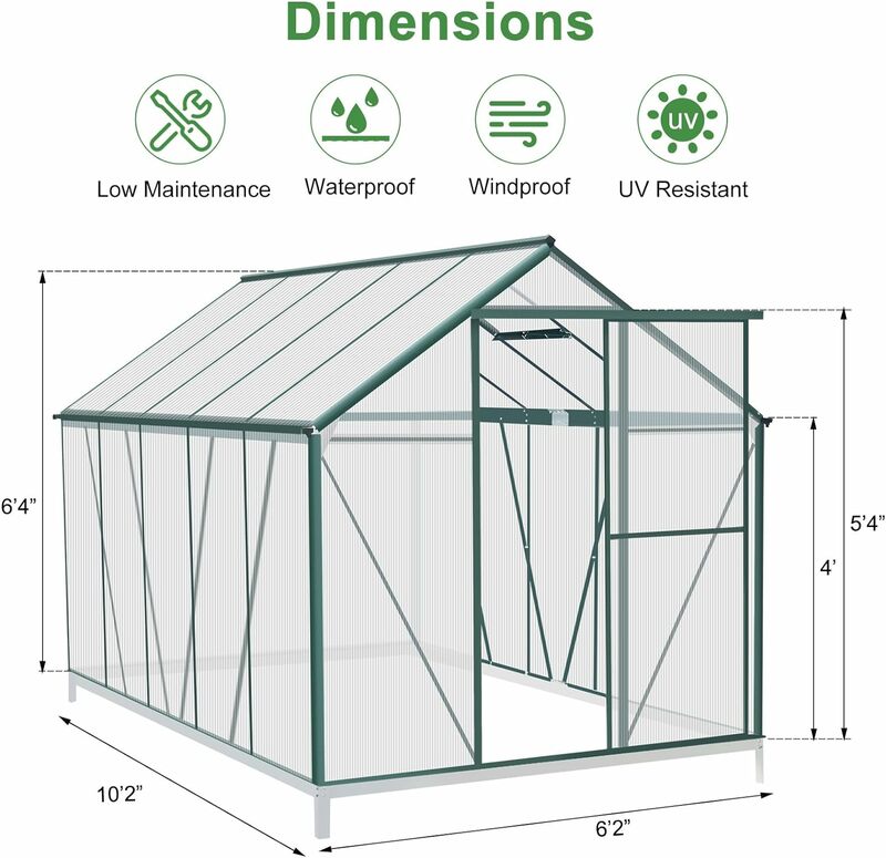 Polycarbonat-Gewächshaus-Kit, 8x6/10x6 ft Hochleistungs-Gewächshaus im Freien mit abschließbarer Doppelentlüftungs-Fenster tür