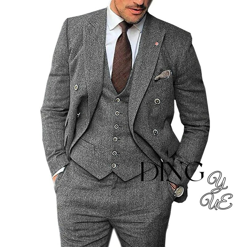 Setelan pakaian pria 3 potong, setelan jas pria klasik, Celana Herringbone Tweed Notch Lapel tuksedo (Blazer + rompi + celana)
