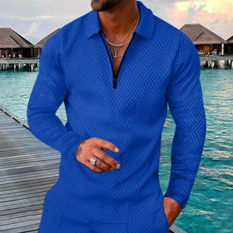 2022 nowe męskie koszulki Polo z długim rękawem jesień mężczyźni skręcić w dół kołnierz zipper T Shirt mężczyźni topy odzież uliczna Casual modna koszulka Polo