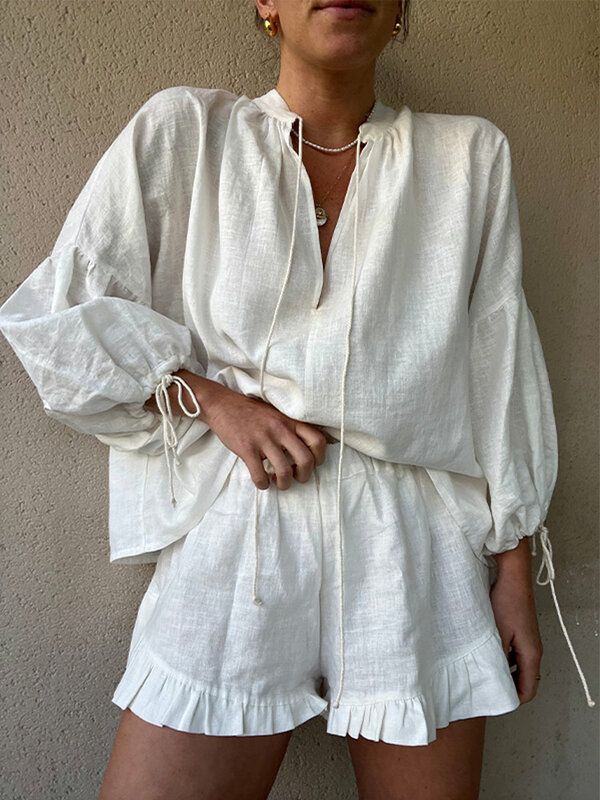 Women's Solid Cotton Linen Ruffle Shorts Suit V-neck Long Sleeve Drawstring Loose 2 Pieces Set 2024 Fashion Casual Beach Suits