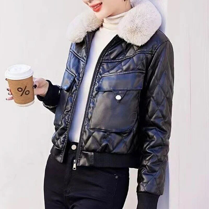 여성용 긴팔 인조 가죽 재킷, 하이 스트리트 지퍼 포켓, 두꺼운 올 매치 카디건, 단색 패션, 가을 겨울