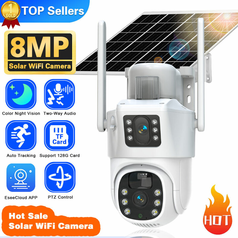 Caméra de surveillance solaire PTZ IP HD 8MP, dispositif de sécurité domestique sans fil, étanche, avec vision nocturne et poignées humaines
