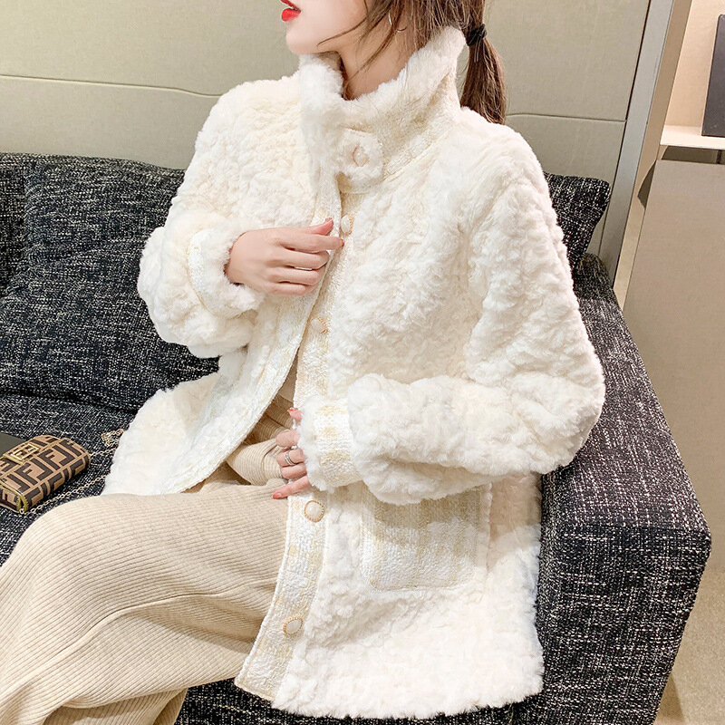 Jaket wol domba temperamen wanita, mantel bulu imitasi panjang setengah musim gugur dan dingin