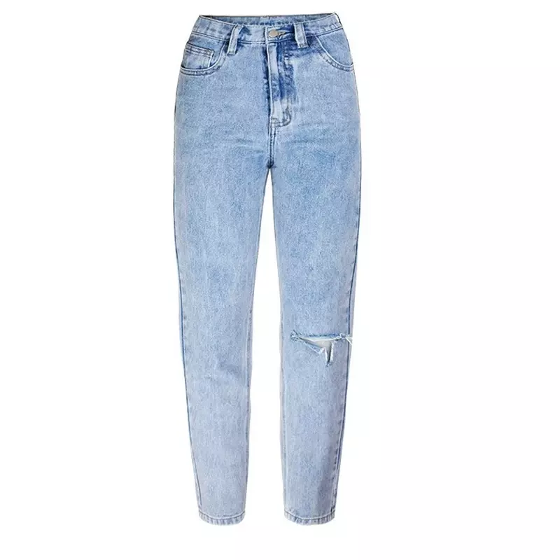 Light Blue High Waist Wash Button Straight Jeans Boyfriend Style Bleached Ripped Trousers Classic Women Loose Casual Denim Pants