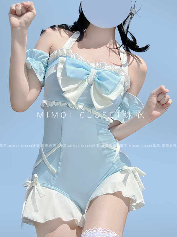 Badeanzug Frauen Sommer neue japanische Stil Lolita Bogen Mädchen niedlichen blauen Badeanzug Volant Nähte Neck holder Badeanzug
