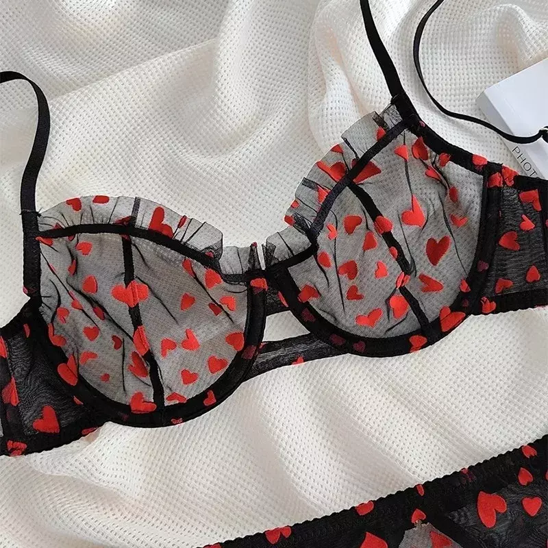 Pakaian dalam renda seksi Lingerie cetak bentuk hati tembus pandang ultra-tipis untuk wanita payudara besar menunjukkan bra kecil musim panas