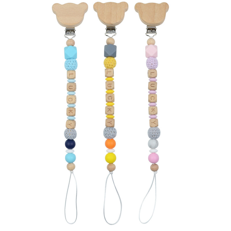 Personalized Name DIY Baby Pacifier Clips Wooden Bear Dummy Nipples Holder Clip Chain Teething Toys Accessories Infant Feeding