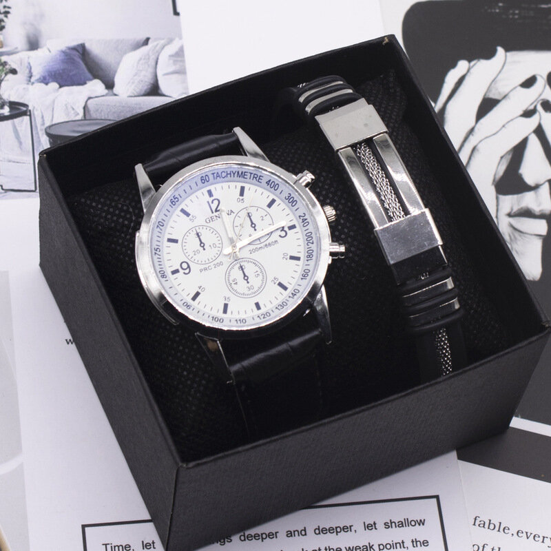 2 pçs relógio masculino pulseira conjunto com caixa preta moda couro analógico quartzo relógios de pulso presentes do negócio conjunto para homem transporte da gota