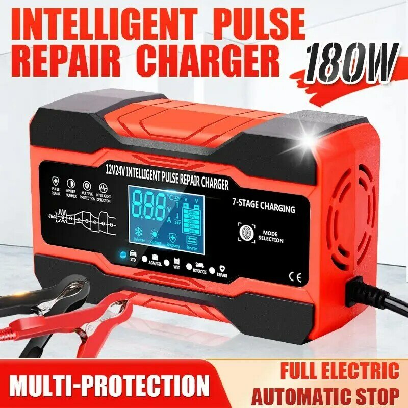 12V-24V Auto Acculader Volautomatische 12V 10a Digitale Auto Acculader Puls Reparatie Voor Agm Gel Nat Lood Zuur