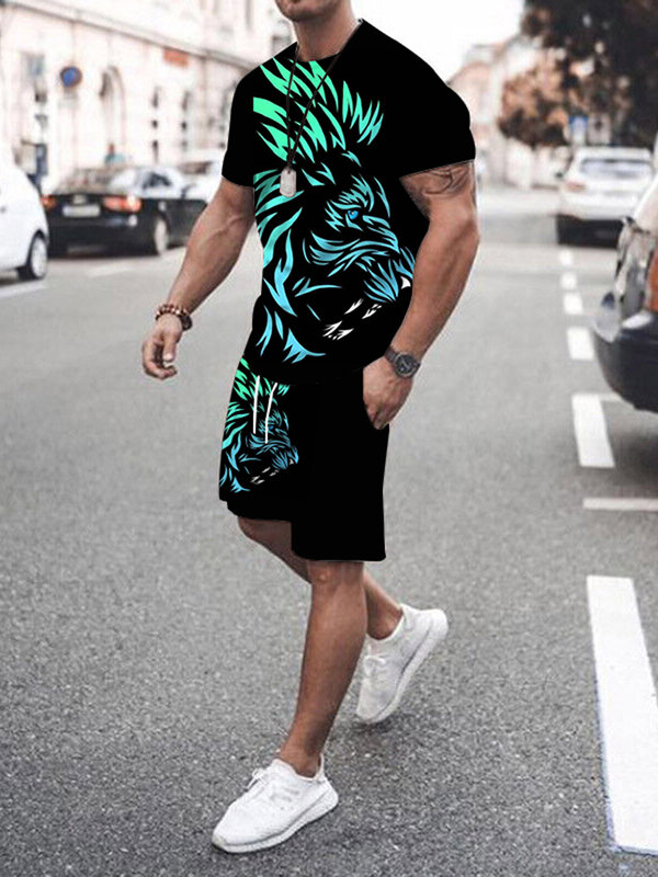 Men's Suit Summer Street Everyday Casual Men's Short Sleeve T-Shirt Outdoor Sports Loose and Comfortable Shorts 3D Animal Print