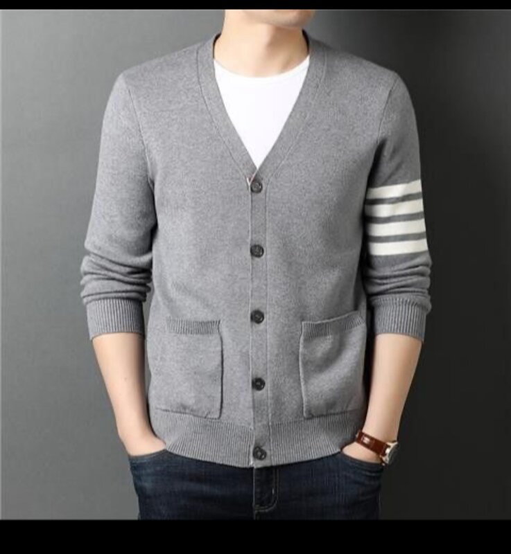 Spring and Autumn fine lines knitted high-grade casual cardigan clothes students tide brand classic four-bar sweater men's sweat