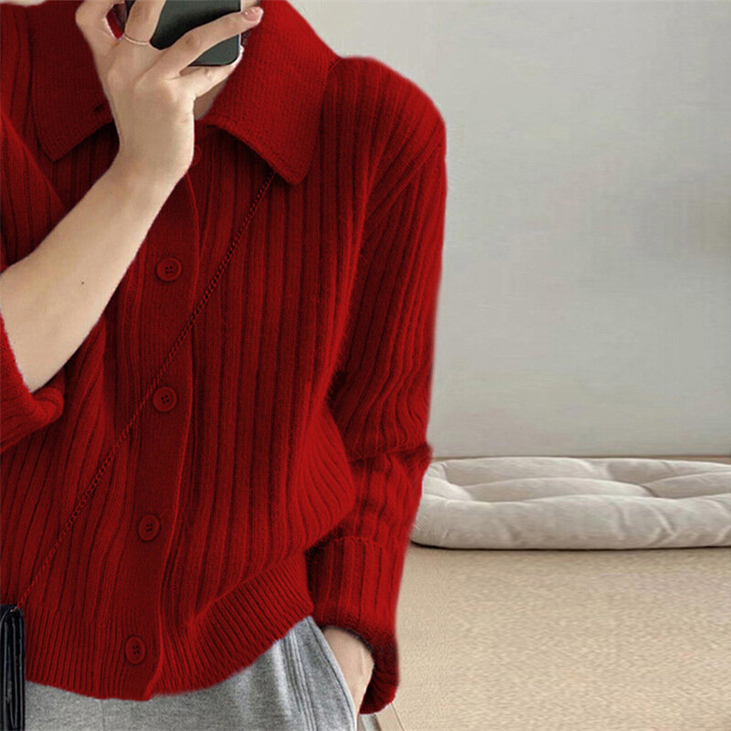 Turn Down Knit Cardigan Women Autumn Winter Button Up Solid Color Sweater Coats Woman Long Sleeve Soft Cardigans Ladies