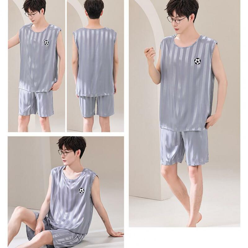 2 Pcs/Set Men Summer Satin Pajama Set with Striped Print Top Elastic Waist Pants Homewear Loungewear Set for Comfort
