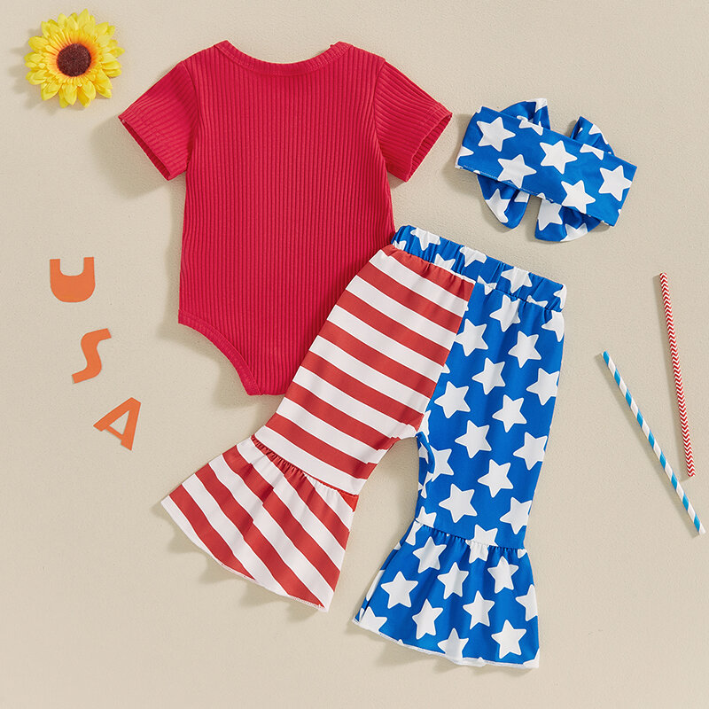 Baby Girls 4th of July Sets Short Sleeve Letter Print Romper Stars Stripe Print Pants Headband Sets