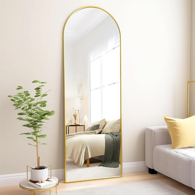 Espejo arqueado de longitud completa con soporte, espejos dorados de 64 "x 21", longitud de suelo para dormitorio, sala de estar, espejo de cuerpo de arco grande de pie