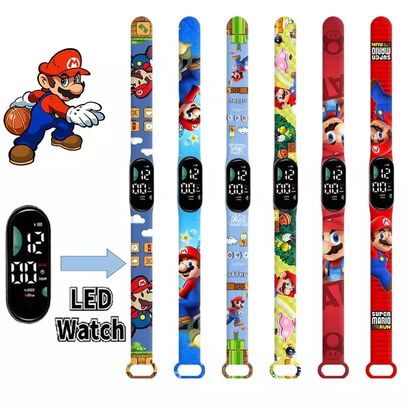 Super Mario Bros Relógio Eletrônico Impermeável para Crianças, Figura Dos Desenhos Animados, Periféricos Anime, Pulseira Toque Digital, Presente Festival