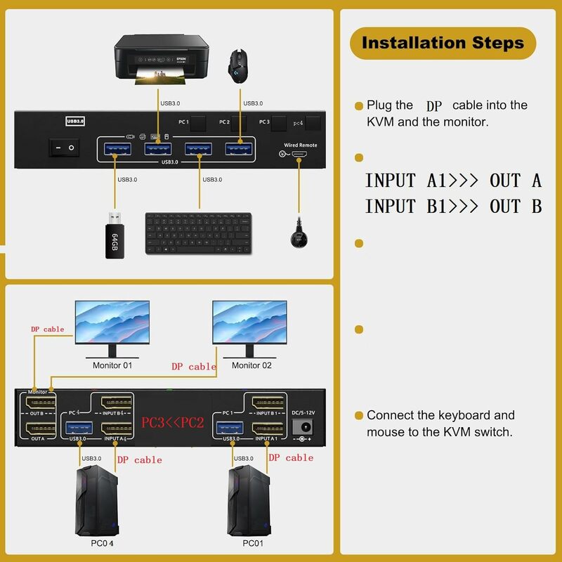 Interruptor Displayport KVM para 4 Computadores, Compartilhar 2 Display, Monitor Duplo, USB 3.0, Suporte 8K @ 30Hz, 4K @ 144Hz