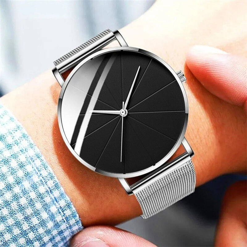 Jam tangan Ultra tipis pria, 3PCS Set Fashion pria bisnis sederhana kalung gelang kasual sabuk jala Stainless Steel Quartz