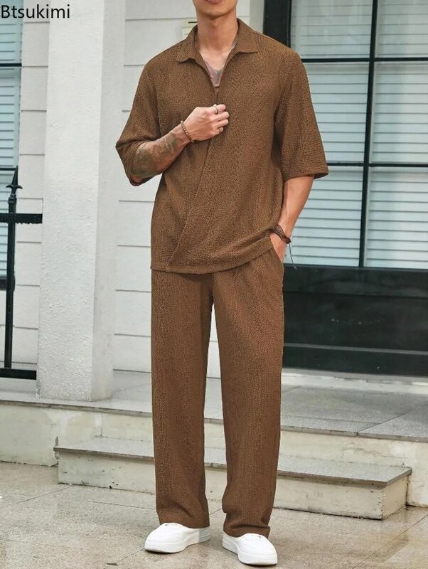 2024New Men's Water Wave Wrinkles Casual Sets Fashion Irregular Half Sleeve Shirt and Pants Loose Suit Summer Men Holiday Outfit
