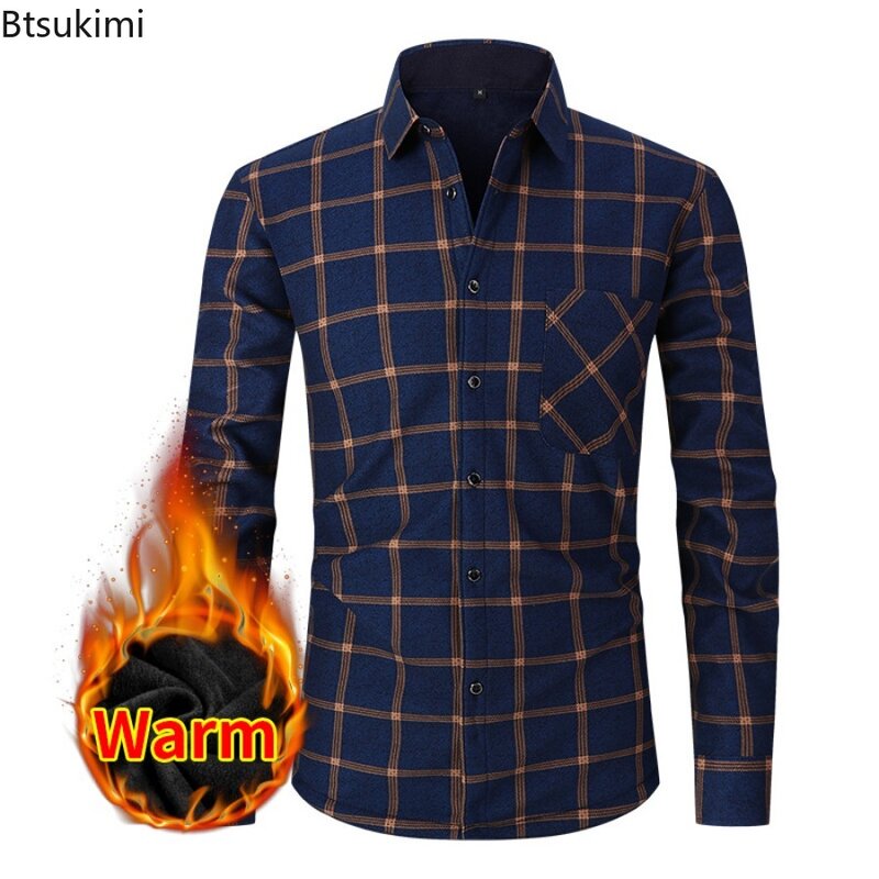 Camisas xadrez de manga longa masculina, camisas quentes casuais, cardigã solto de lã, jaquetas slim fit, outono, inverno, 2024