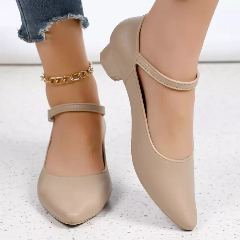 Spring Women's Heeled Shoes New Pionted Toe Shallow Chunky Heel Ankle Strap Single Shoes for Women Dress Office Ladies Pumps