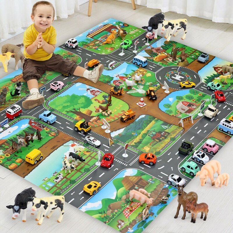 어린이 행복한 농장 지도 장난감 자동차, 소년 소녀 교육용 장난감, 아기 매트, 만화 농장 동물원 카펫, 어린이 장난감 놀이