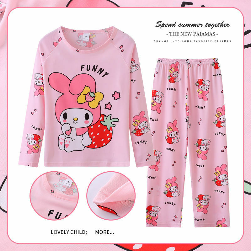 Милый детский Пижамный костюм Sanrio Cinnamoroll, пижама Hello Kitty, одежда для сна Kuromi Melody для девочек и мальчиков, весенний домашний костюм с длинным рукавом, подарки