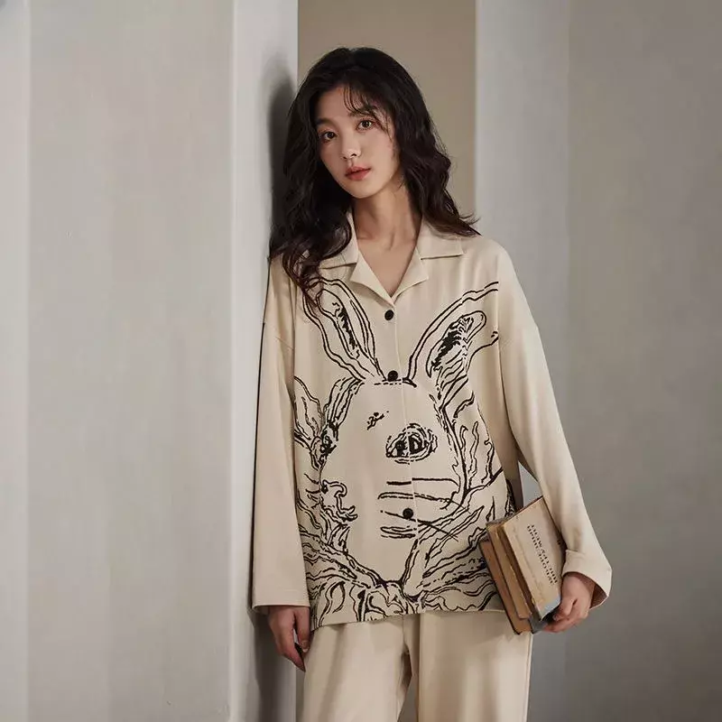 Set piyama lengan panjang untuk wanita, baju tidur motif kelinci musim semi musim gugur Korea manis, celana panjang katun kasual