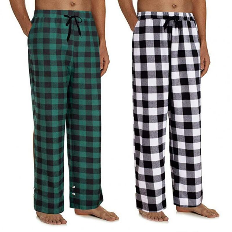 Pantalones de pijama holgados para el hogar, pantalón con cintura elástica y cordón, a cuadros