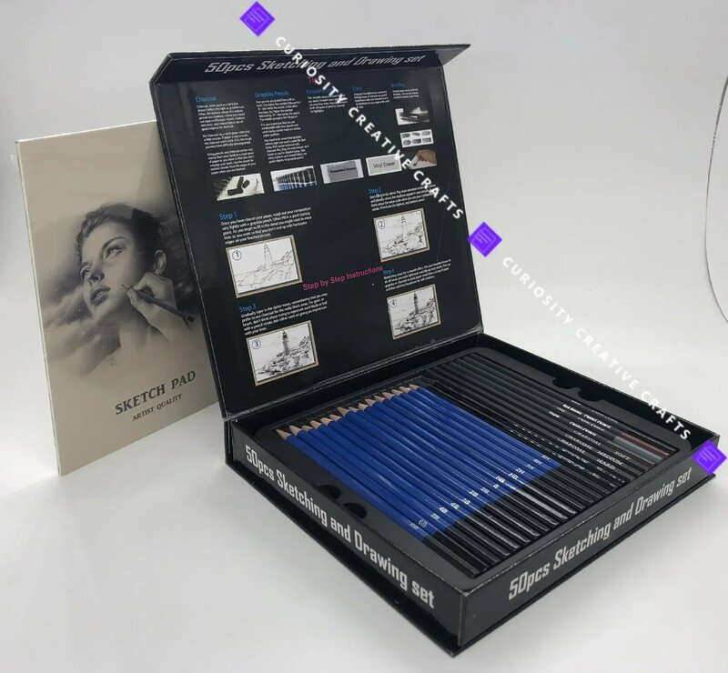Professional 50pcs Sketch Set Gift Box Free Shipping Charcoal Stick Pencil Extender Blending Tortillon Art Supplies for Artist