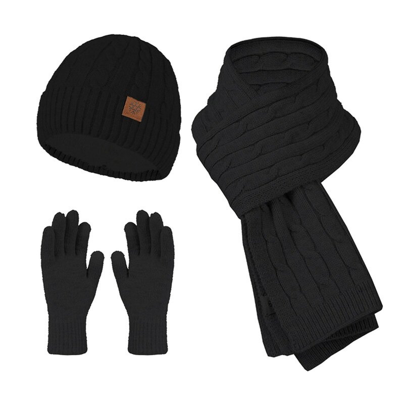 ถุงมือผ้าฟลีซกันหนาวสำหรับผู้หญิงชุด3ชิ้นหมวกถักแบบใหม่