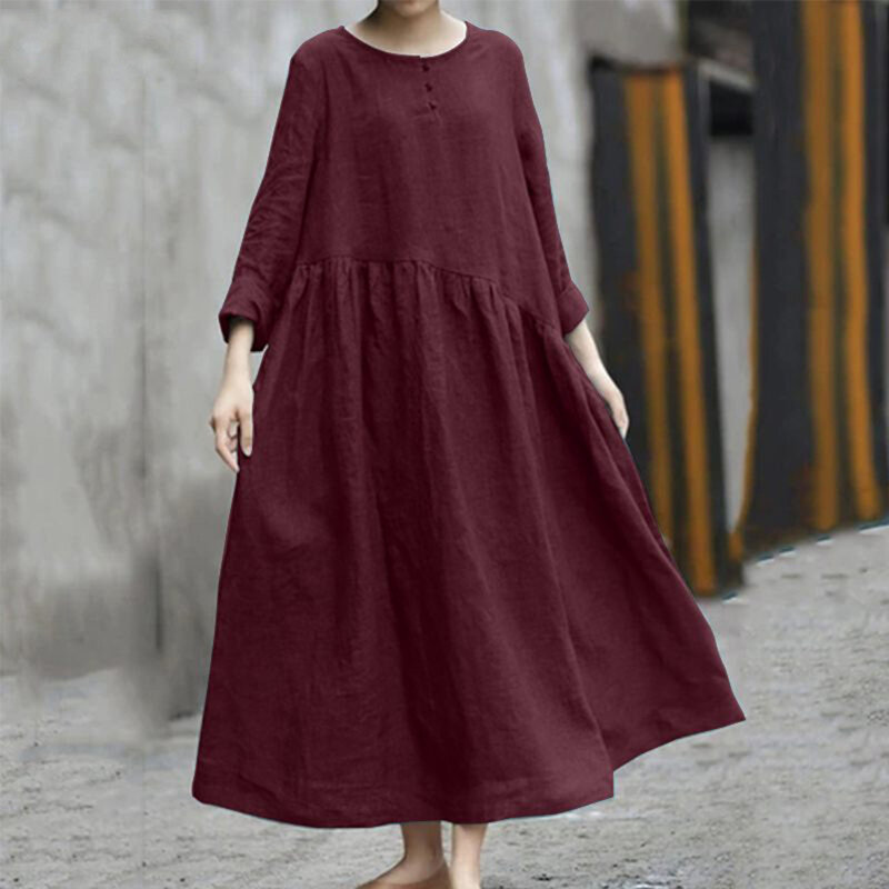 Gaun panjang elegan wanita, Gaun longgar gaya kasual dengan saku kebesaran bahan Linen katun M 3XL merah/hijau/hitam