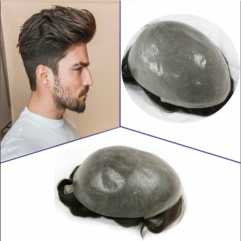 Peluquín Invisible con piel ultrafina para hombres, peluquín humano negro Natural, sistema de reemplazo de peluca, 0,02mm