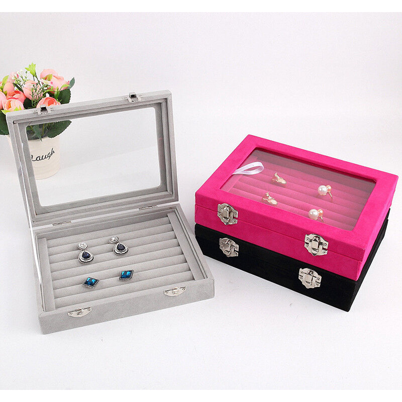 Caja de terciopelo para exhibición de joyas, organizador de almacenamiento, anillo, pendientes, caja de joyería