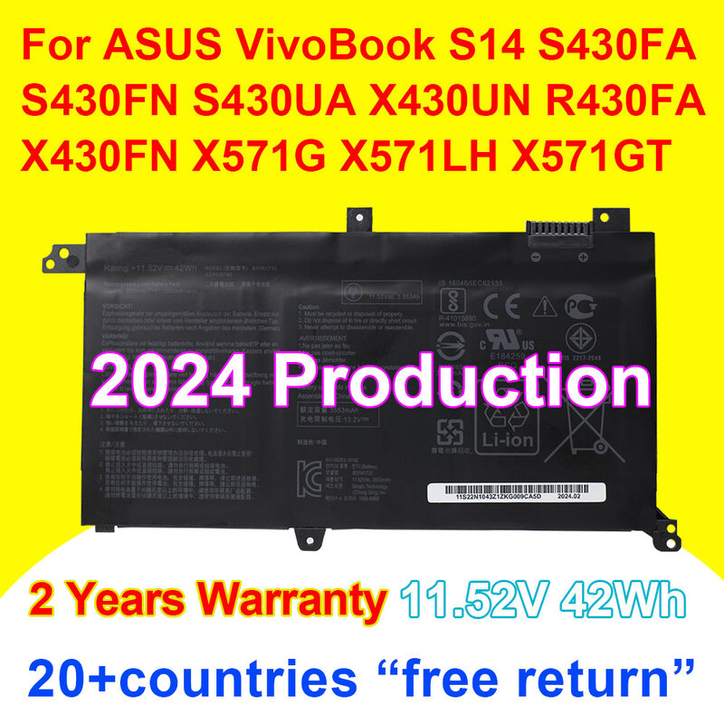 Bateria do portátil para Asus VivoBook, B31N1732, S14, S430FA, S430FN, S430UA, X430UN, R430FA, X430FN, X571G, X571LH, X571GT, X571GM, 42Wh, Novo