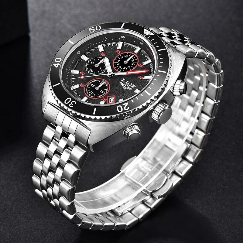 LIGE jam tangan Quartz pria antiair, jam tangan besar olahraga baja sepenuhnya mewah 2023