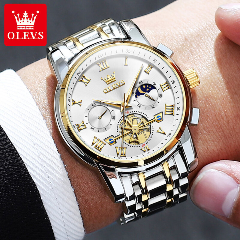 Olevs-メンズステンレススチール腕時計、クォーツ時計、防水、発光、クロノグラフ、高級、2859
