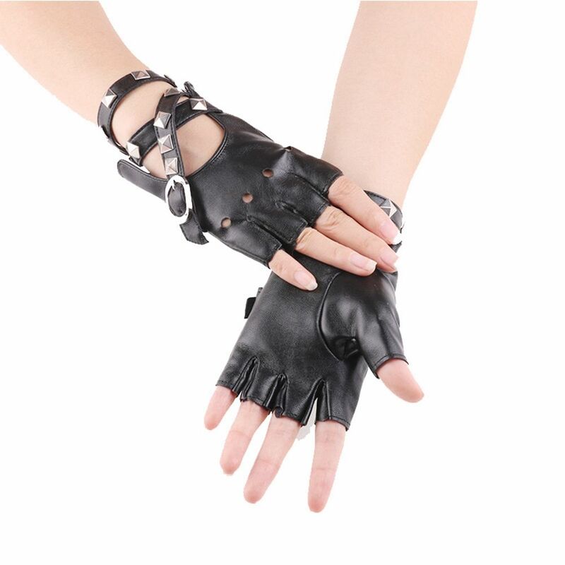 Button Hollow Half Finger Abrasion-resistant Summer Rock Rivet Mittens PU Leather Gloves Female Gloves Outdoor Sports Gloves